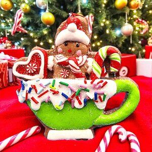 Gingerbread Man in Green Cup Ornament Clay Dough Faux Cookie Fake Bake Xmas v3